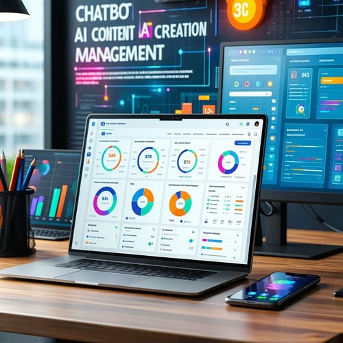 A sleek modern workspace is filled with vibrant hightech gadgets and devices On a polished wooden desk a laptop screen displays an array of colourful graphs and analytics dashboards showcasing realtime business data Beside the laptop a tablet shows a-1 A sleek modern workspace is filled with vibrant hightech gadgets and devices On a polished wooden desk a laptop screen displays an array of colourful graphs and analytics dashboards showcasing realtime business data Beside the laptop a tablet shows a-1