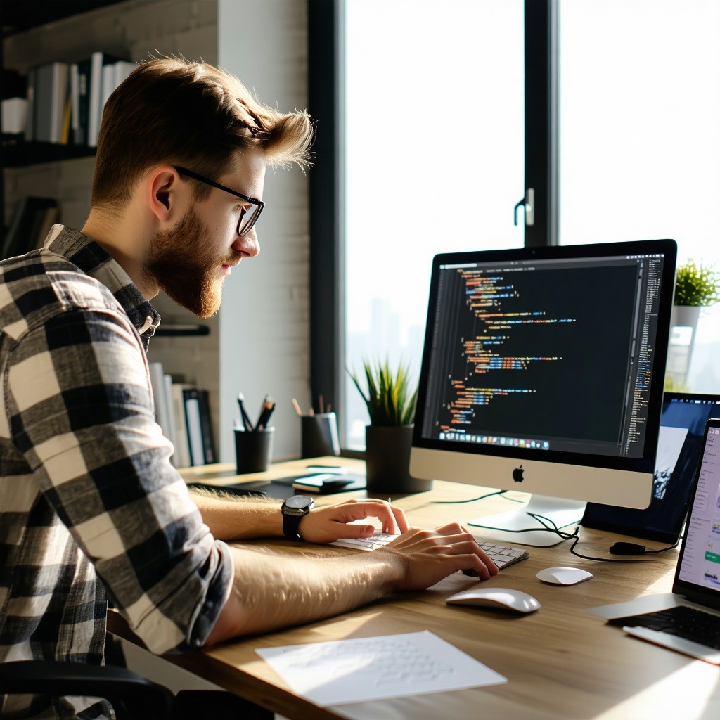 Website developer, at office, building a website using code, on a sunlit day